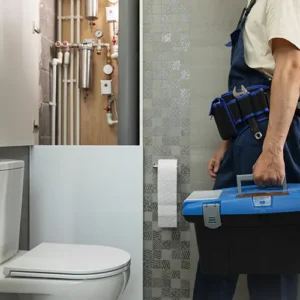 Profissional com ferramentas para desentupimento de banheiro e tubulações